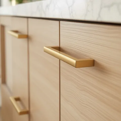 brushed brass bar handles on oak drawers