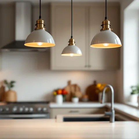 warm pendant lights over a worktop