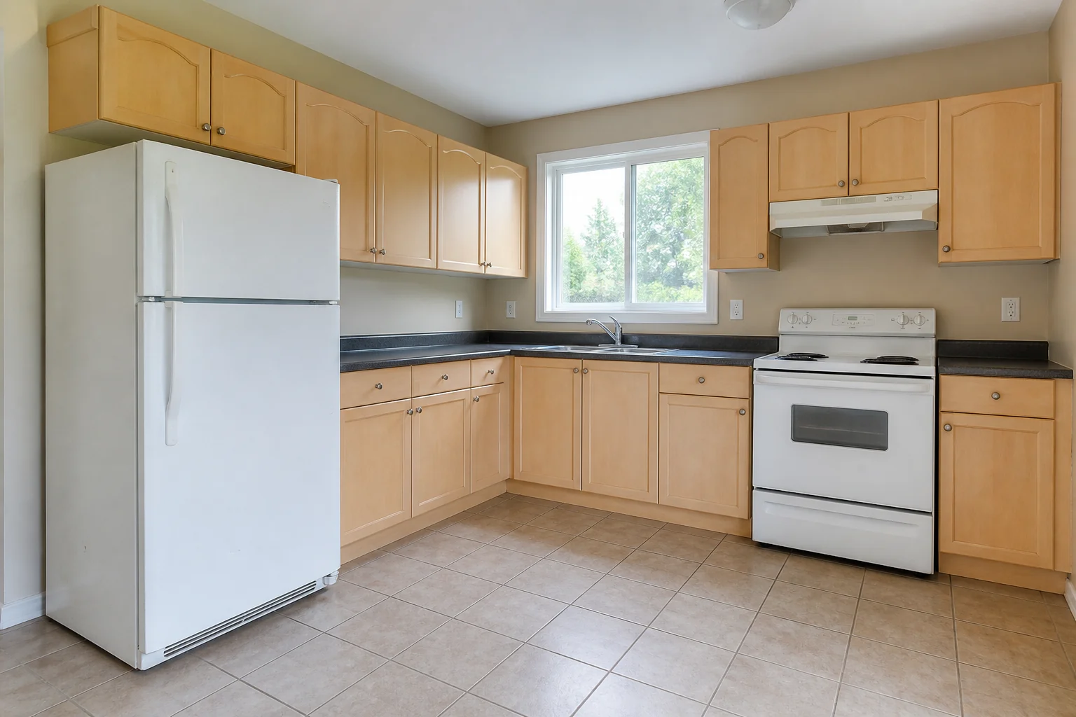The maple kitchen with its original white refrigerator and range