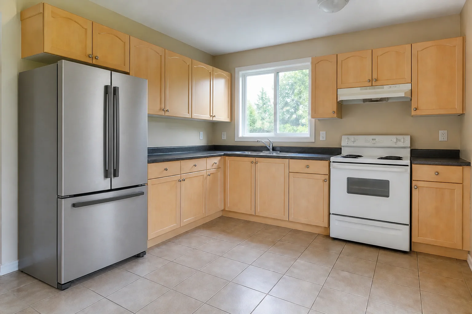 The same maple kitchen with only its white refrigerator replaced by a stainless French-door model