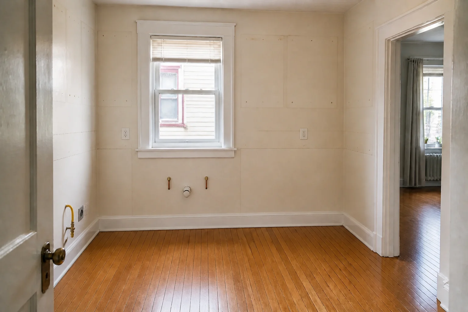 The same apartment room cleared back to its walls and floor with capped plumbing, gas, electrical outlets and cabinet fixing marks visible