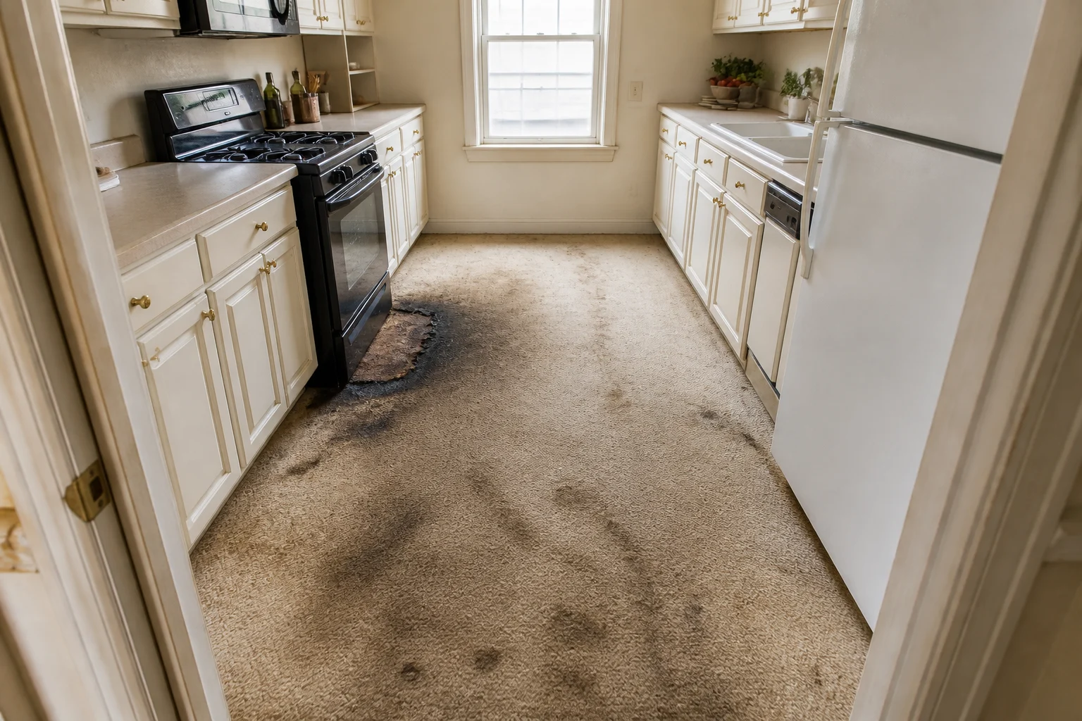 Close-up of the heavily stained and scorched fitted carpet before it was replaced
