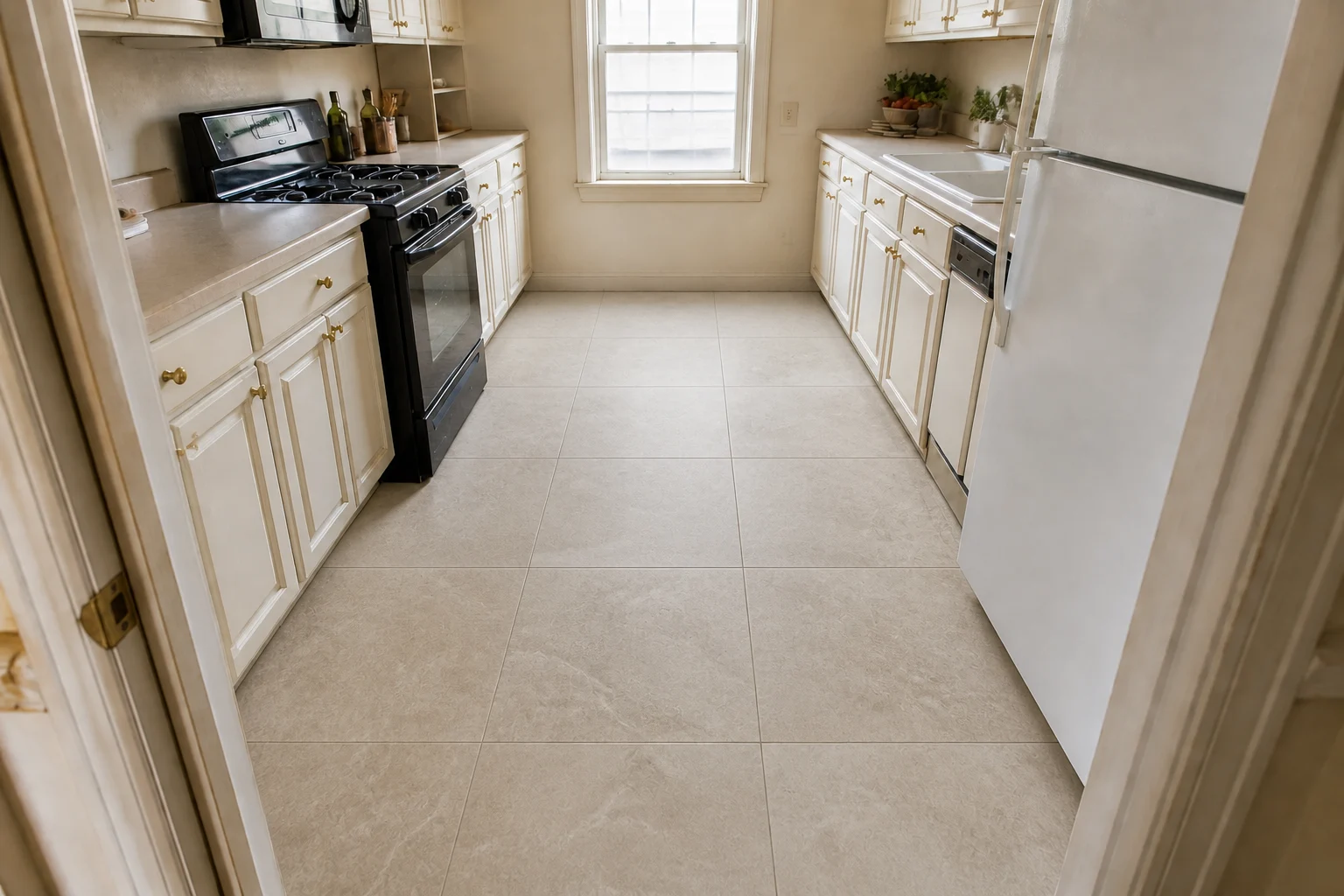 The same galley kitchen with the damaged carpet replaced by warm greige limestone-look porcelain tile
