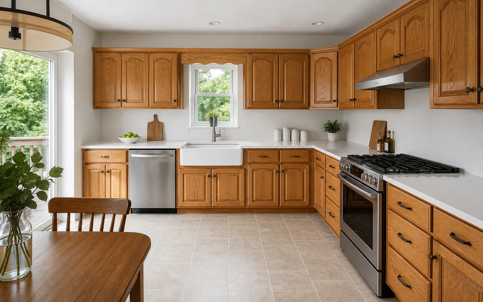 The same warm oak kitchen with traditional arched raised-panel cabinet fronts