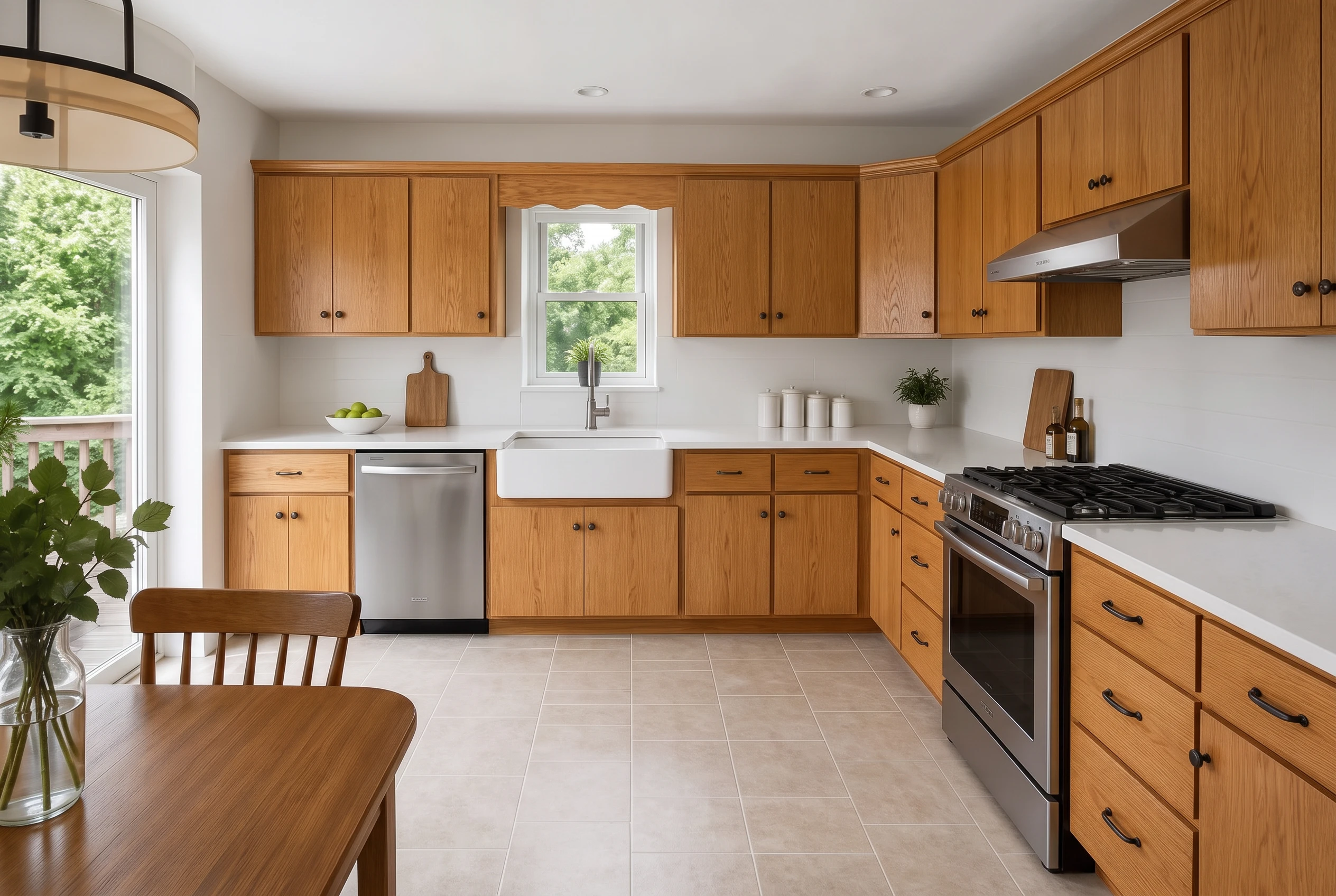 The same warm oak kitchen with flat slab cabinet fronts on the same cabinet boxes