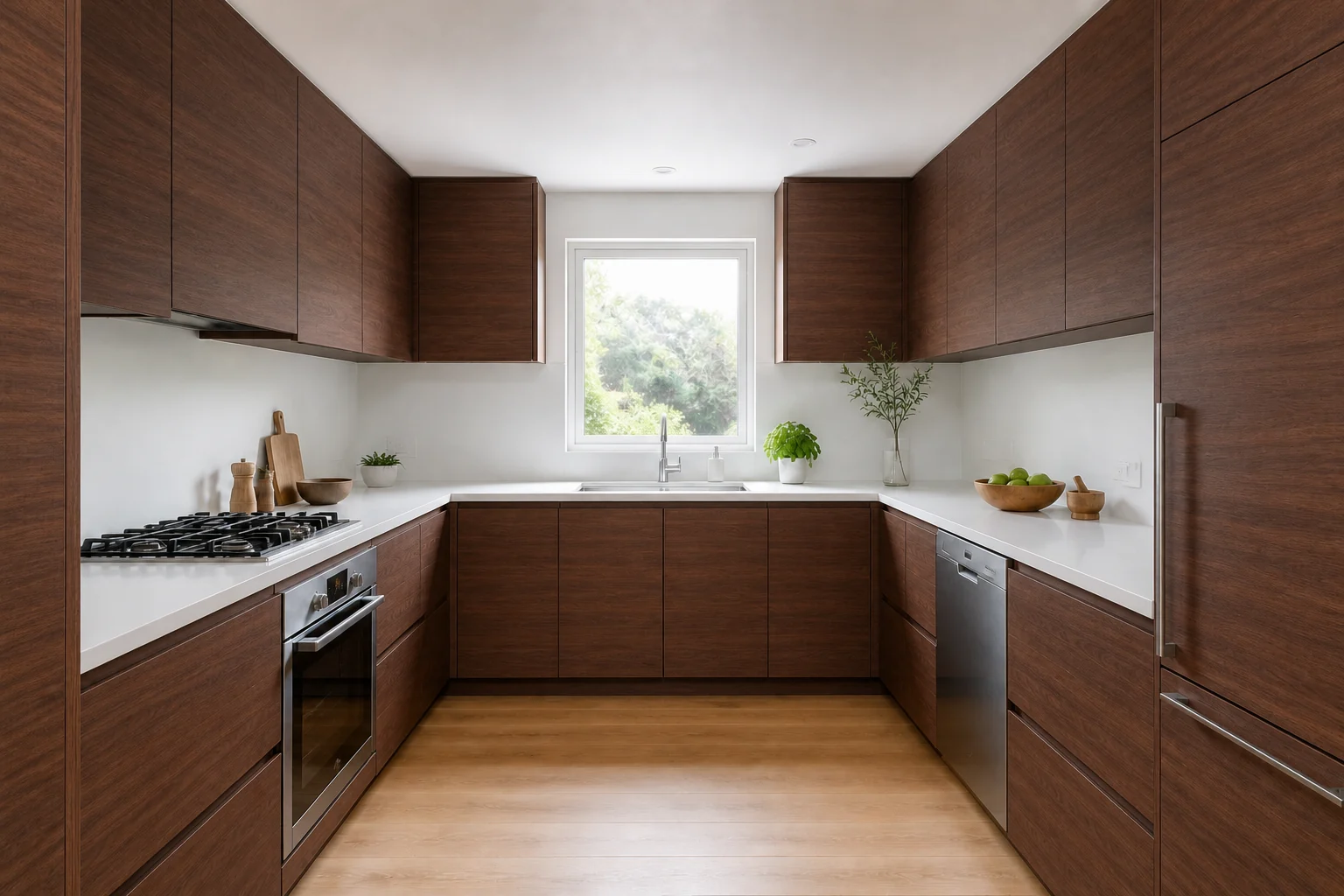 The same kitchen with its cabinet fronts refinished in walnut, the door shape and positions unchanged