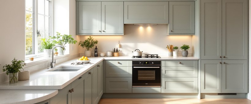 A finished kitchen with pale grey-green cabinets and a white stone worktop