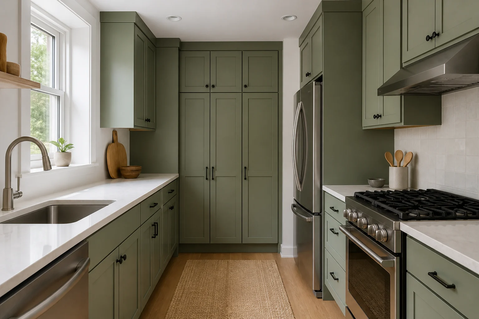 The green galley kitchen with its original closed cabinet doors