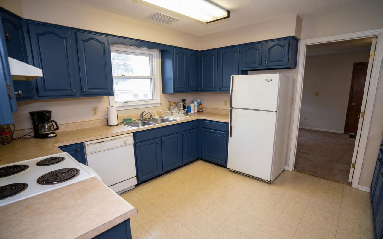 The same kitchen with navy cabinets