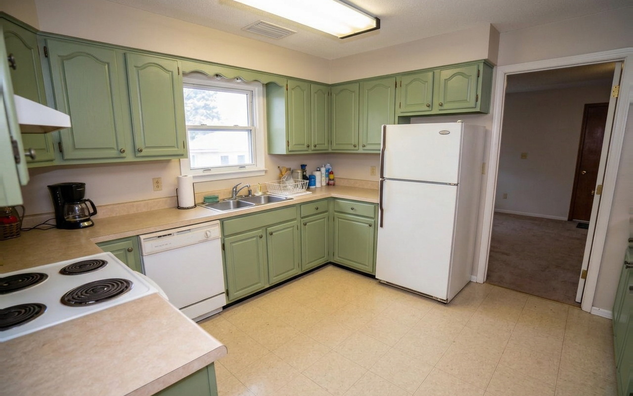 The same kitchen with sage green cabinets