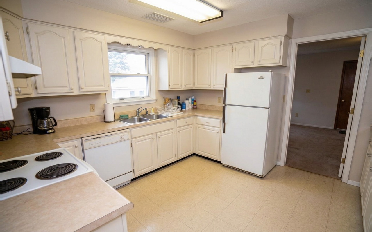 The same kitchen with a light stone countertop