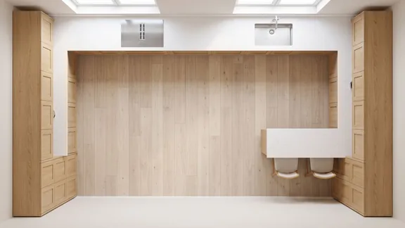 Top-down view of a G-shaped kitchen, three walls plus a peninsula