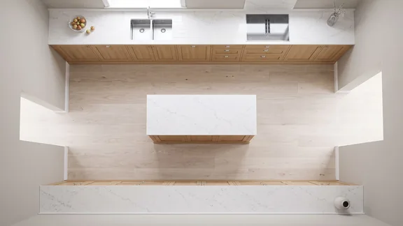 Top-down view of a galley kitchen with an island