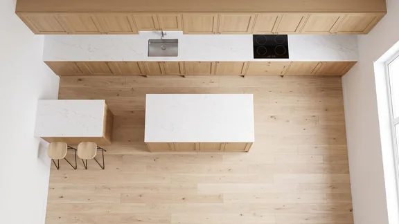 Top-down view of a kitchen with an island and a peninsula