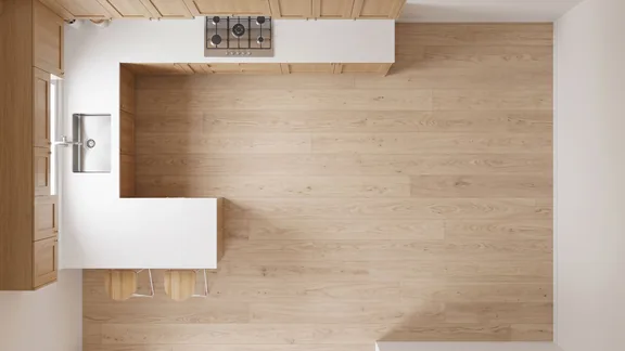 Top-down view of an L-shaped kitchen with a peninsula