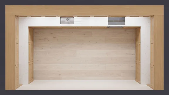 Top-down view of a U-shaped kitchen with cabinets on three walls