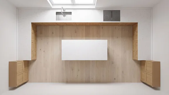 Top-down view of a U-shaped kitchen with an island