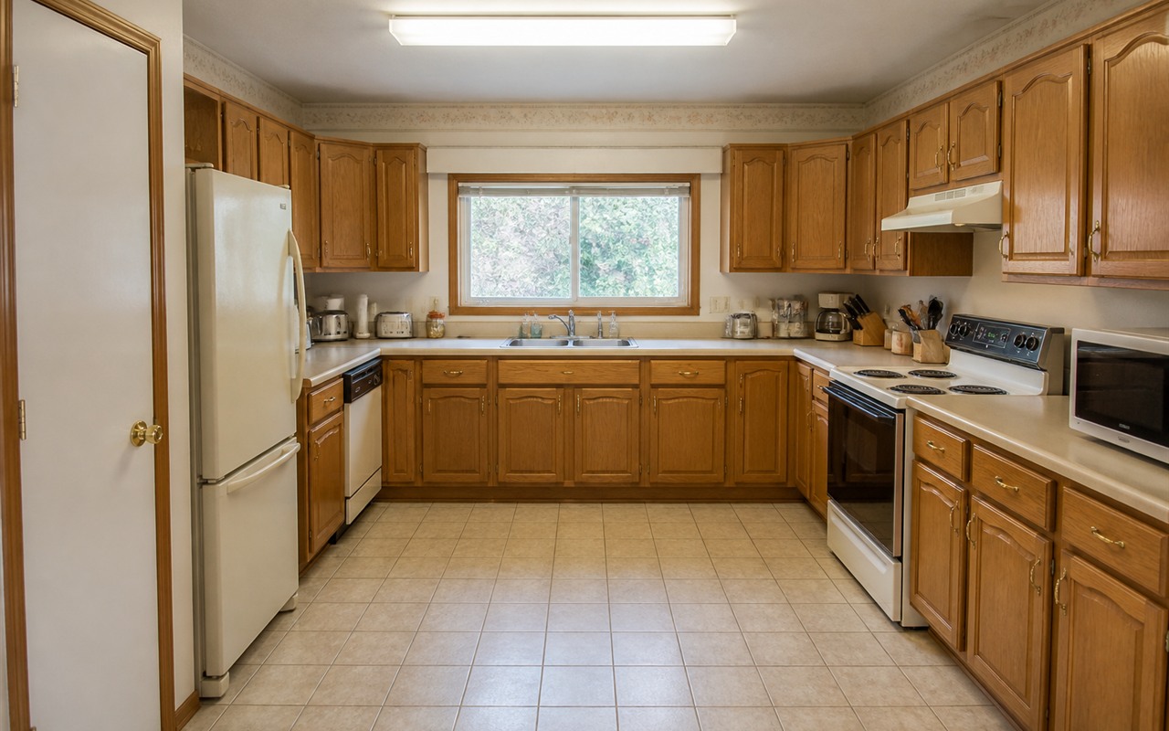 The dated U-shaped oak kitchen before its complete redesign