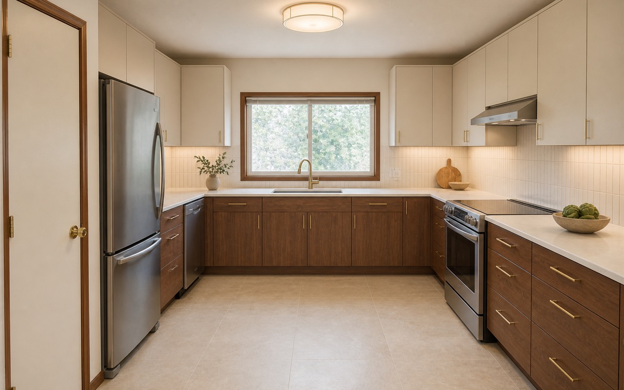 A dated U-shaped kitchen transformed into a warm contemporary walnut and ivory design