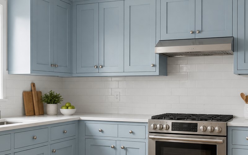 Close-up of the same blue cabinets with their original small silver knobs
