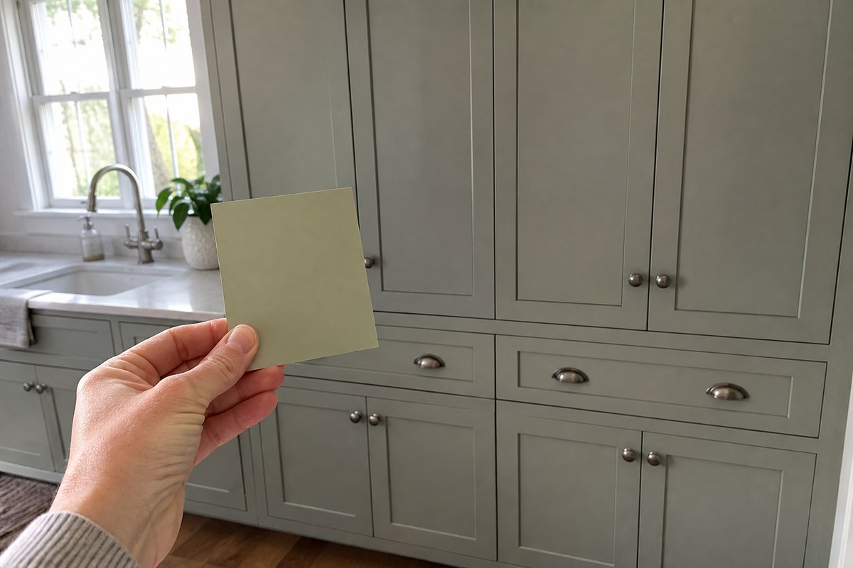 A warm sage paint sample held against full cabinets that appear cooler and greyer in the room