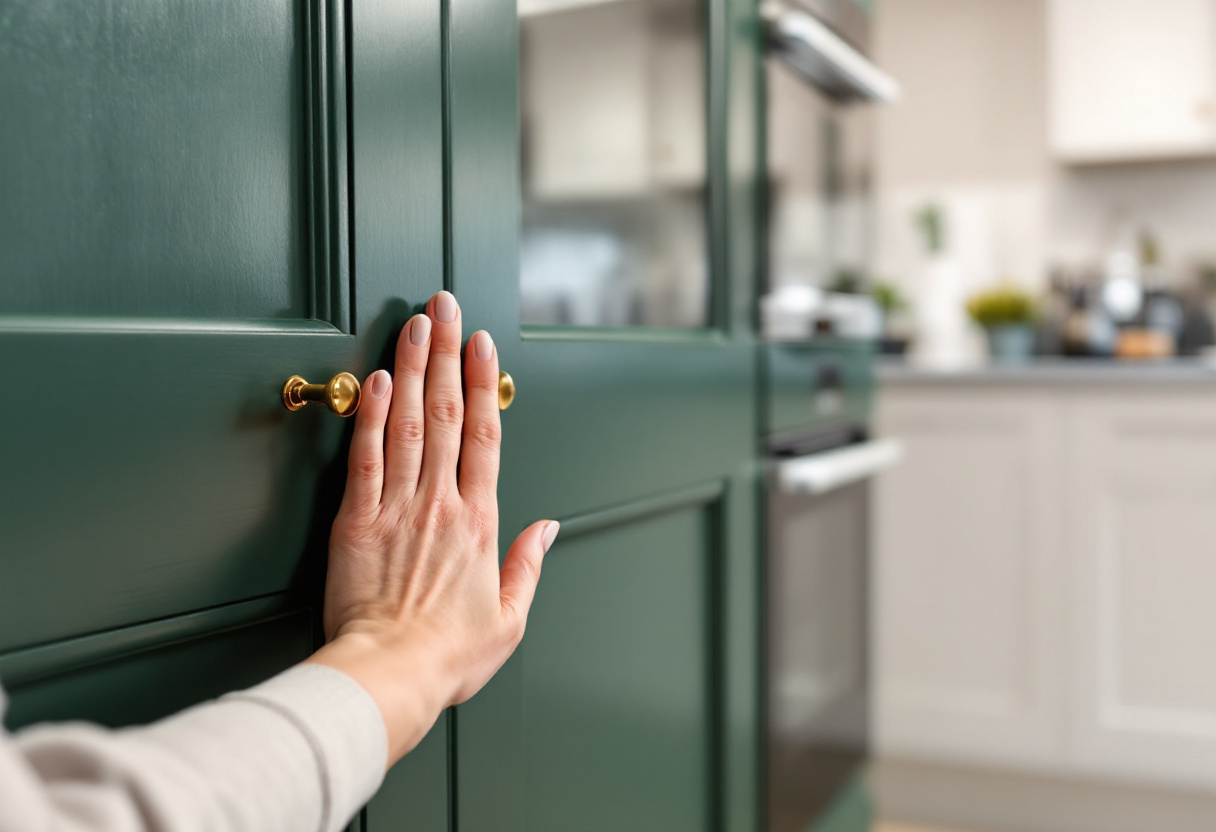 A hand resting on a deep green showroom cabinet door with brass handles, a plain white kitchen out of focus behind it
