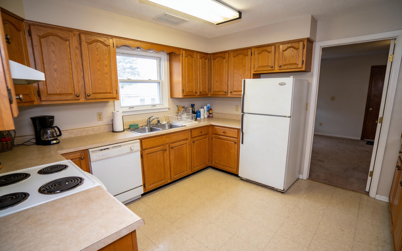A dated kitchen photographed with a phone